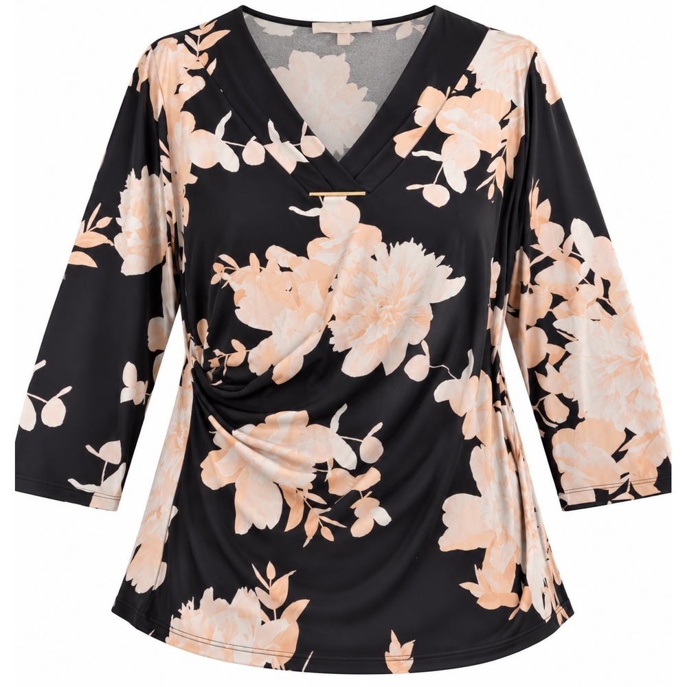 Calvin Klein Womens XL Black Floral V-Neck Side Ruched 3/4 Sleeve Top M9BH6848